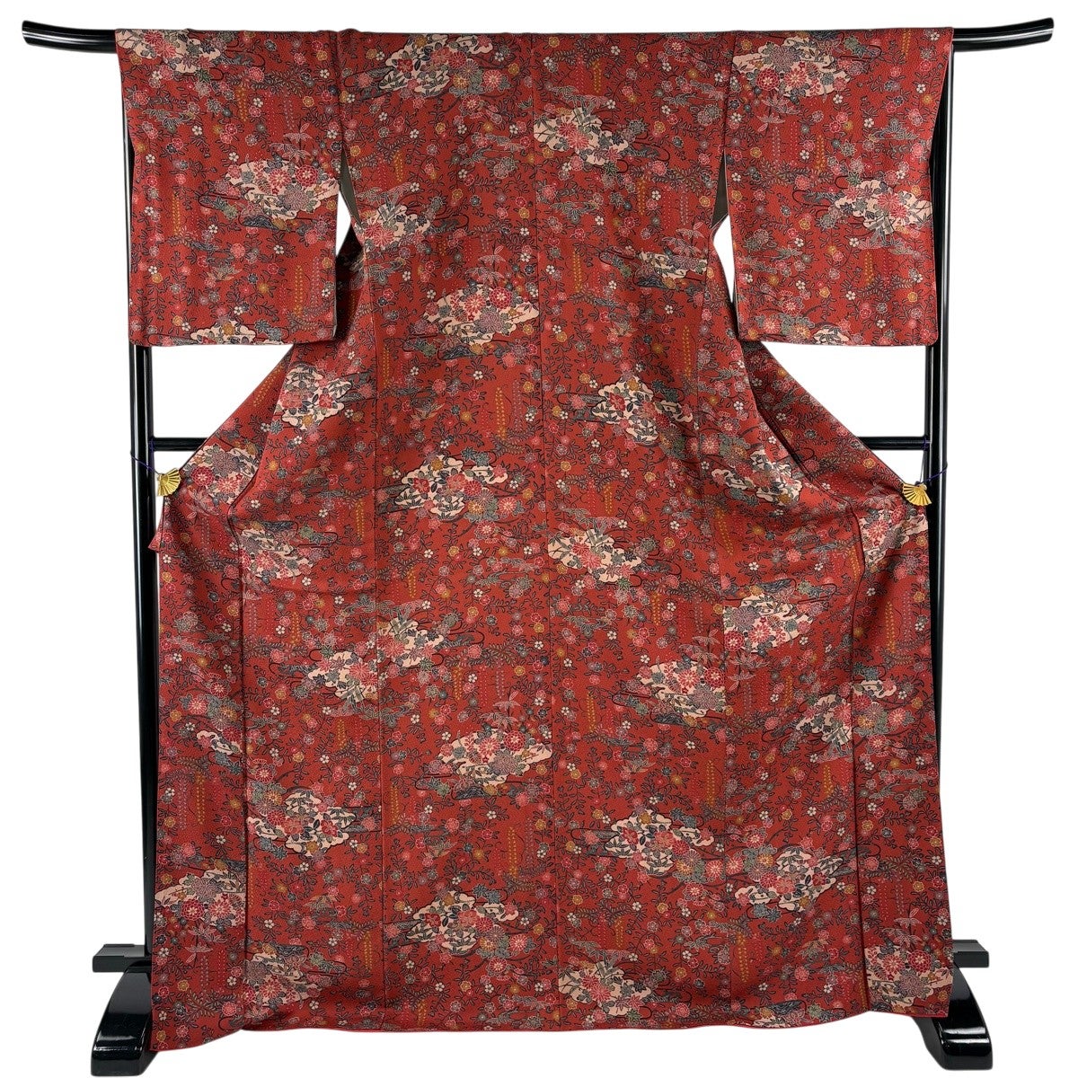 美品】 小紋 身丈171cm 裄丈67.5cm L 袷 桜 椿 茜色 正絹 優品｜中古