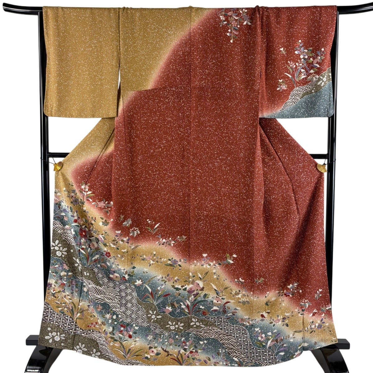 訪問着 身丈165cm 裄丈67.5cm L 袷 草花 波 金彩 染め分け 山吹茶色