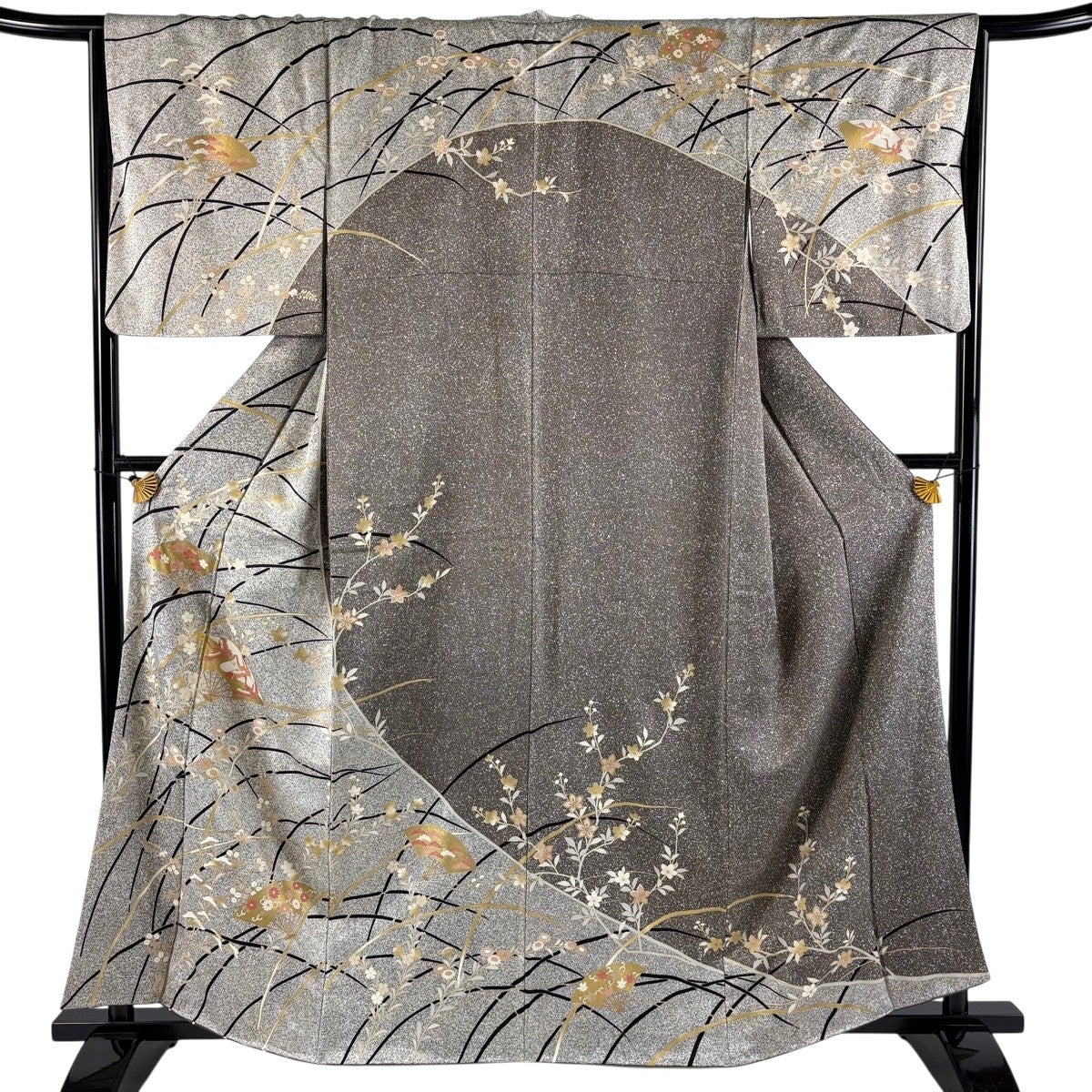 訪問着 身丈161cm 裄丈66cm M 袷 扇 鶴 金糸 金彩 灰色 正絹 秀品