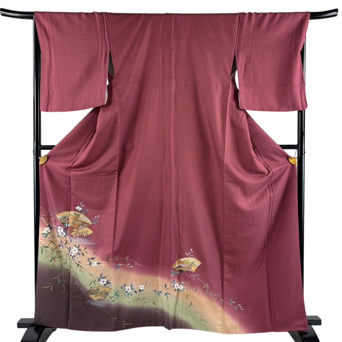 訪問着 身丈162.5cm 裄丈67cm M 袷 扇面 桜 金銀彩 ぼかし 赤紫 正絹