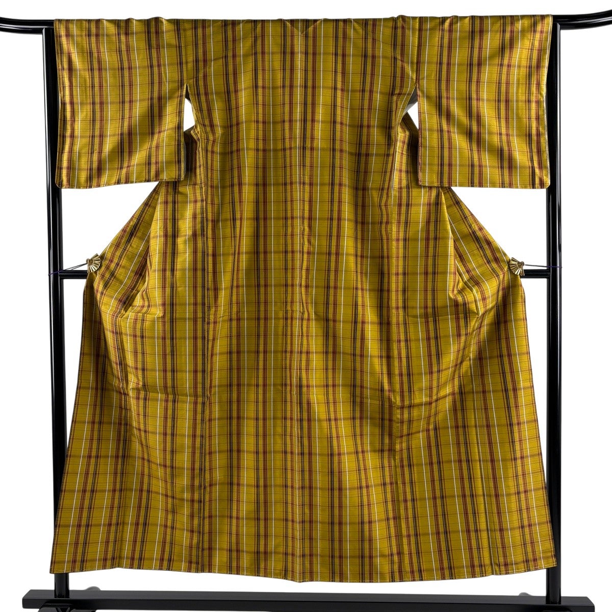 美品】 紬 身丈152cm 裄丈64cm M 袷 黄八丈 格子 山吹色 正絹 名品