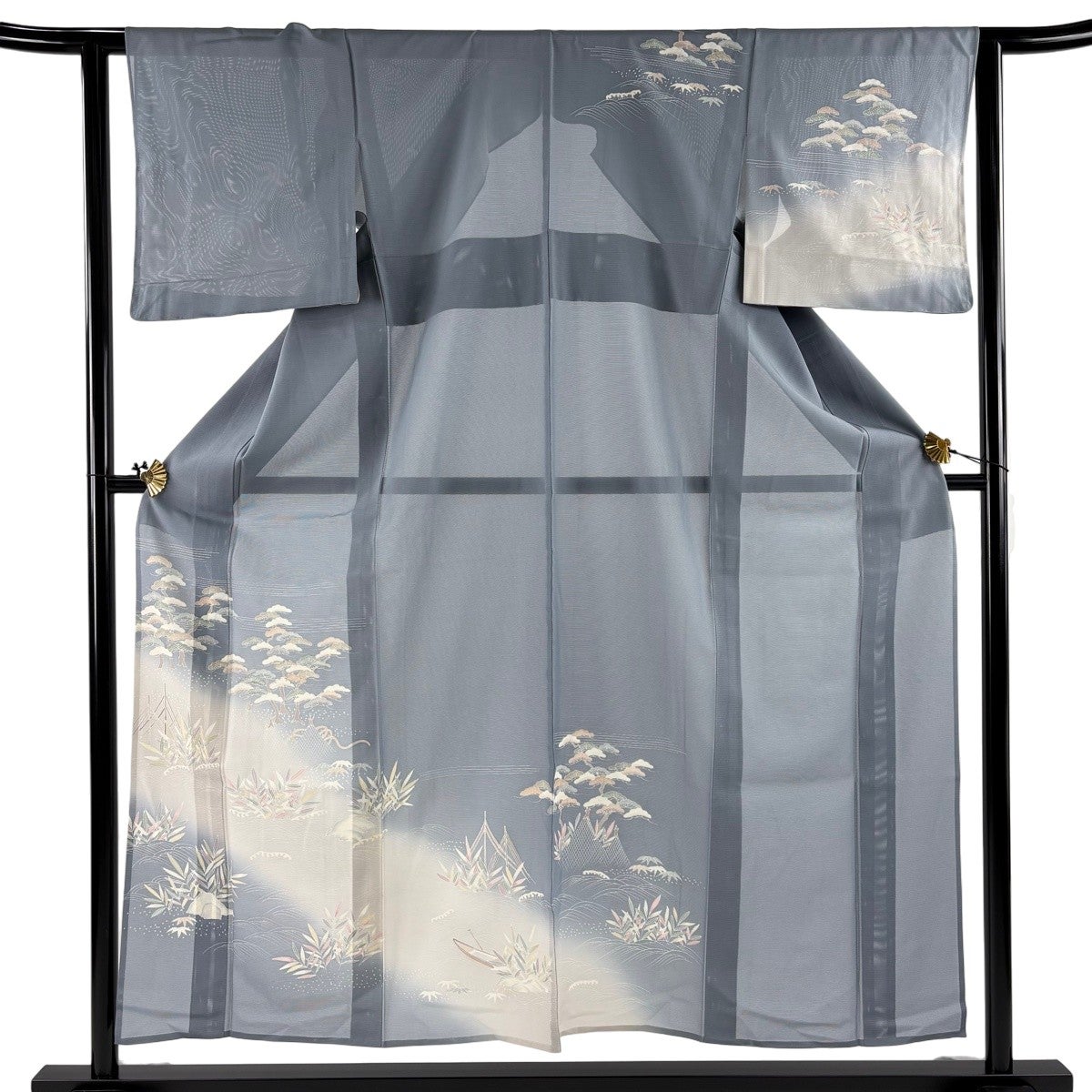 訪問着 身丈156cm 裄丈62cm S 薄物 絽 笠松 網干 銀糸 ぼかし 青灰色
