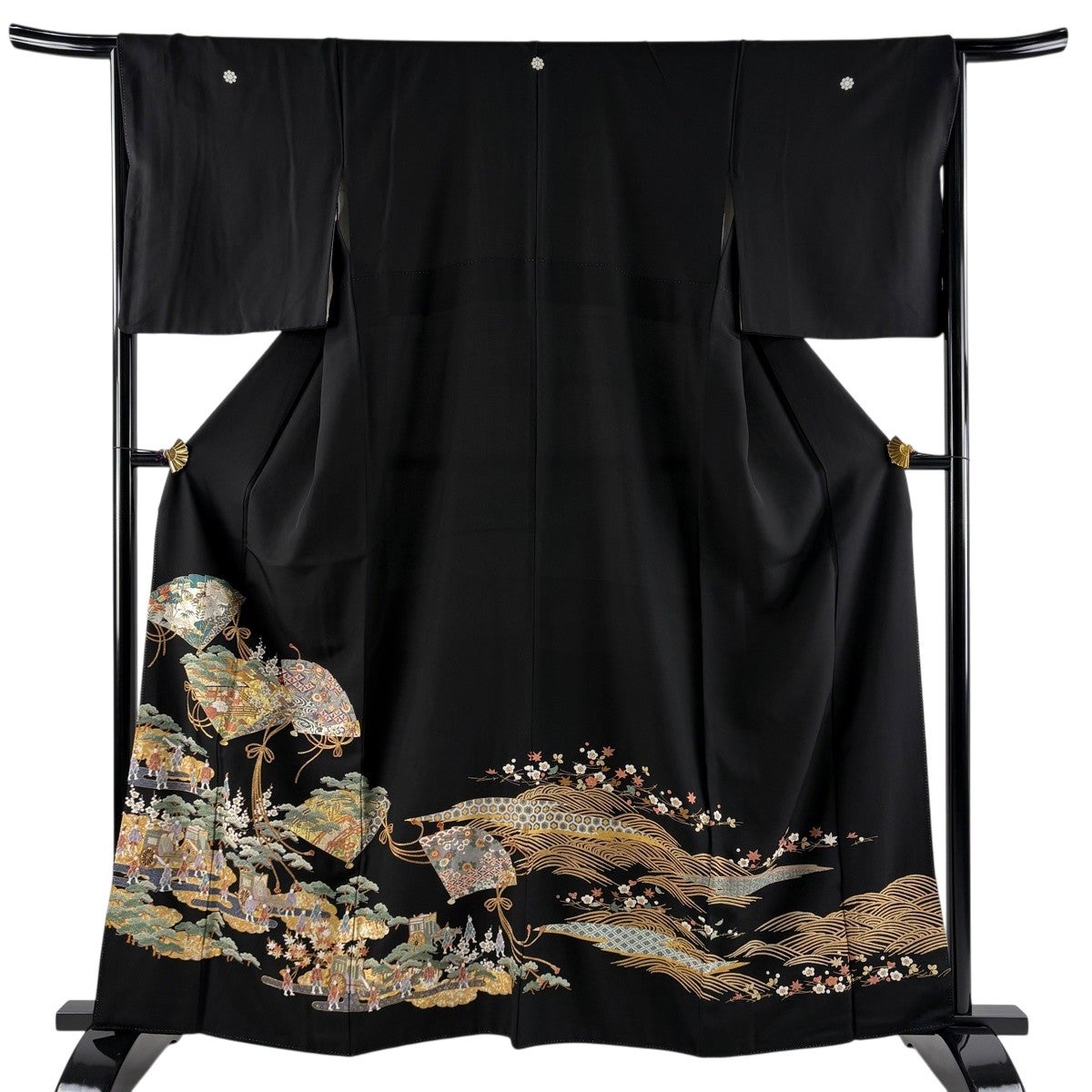 黒留袖 身丈167cm 裄丈66cm M 袷 花車 花鳥 金彩 黒 正絹 秀品｜中古