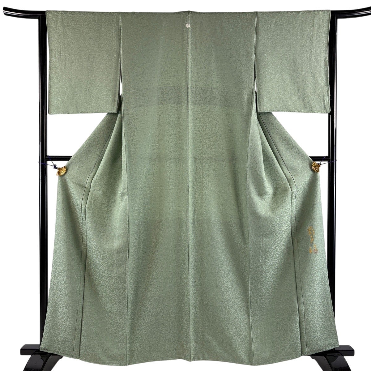 美品】 色無地 身丈161cm 裄丈64cm M 袷 落款あり 地紋 薄緑 正絹 秀品
