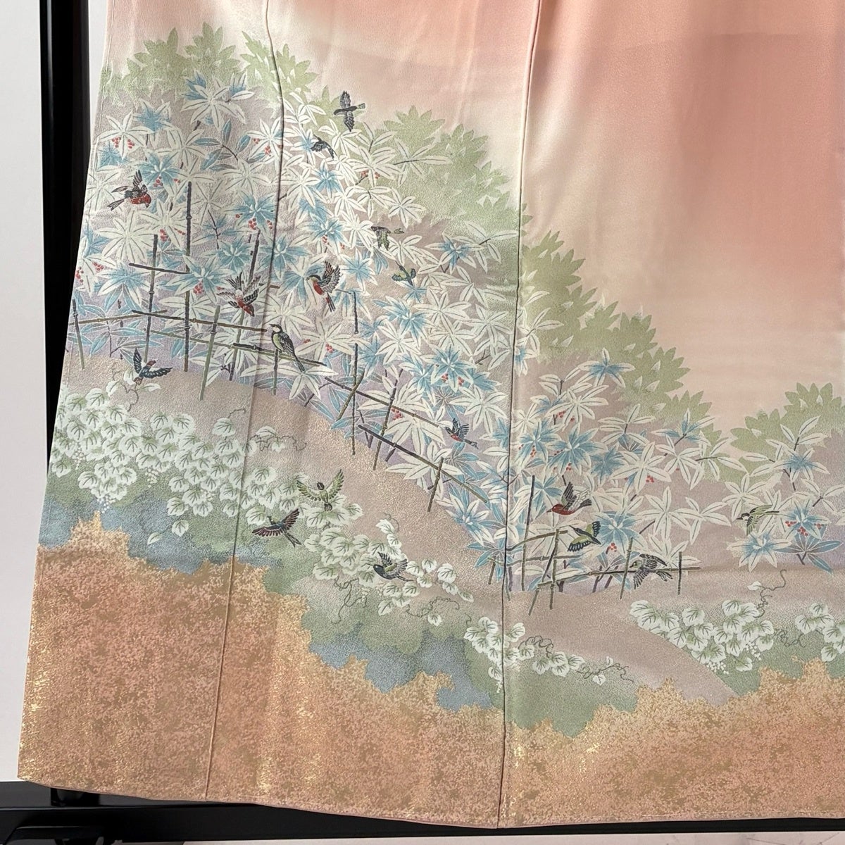 色留袖 身丈157.5cm 裄丈64cm M 袷 壽光織 落款あり 鳥 葉と実 箔