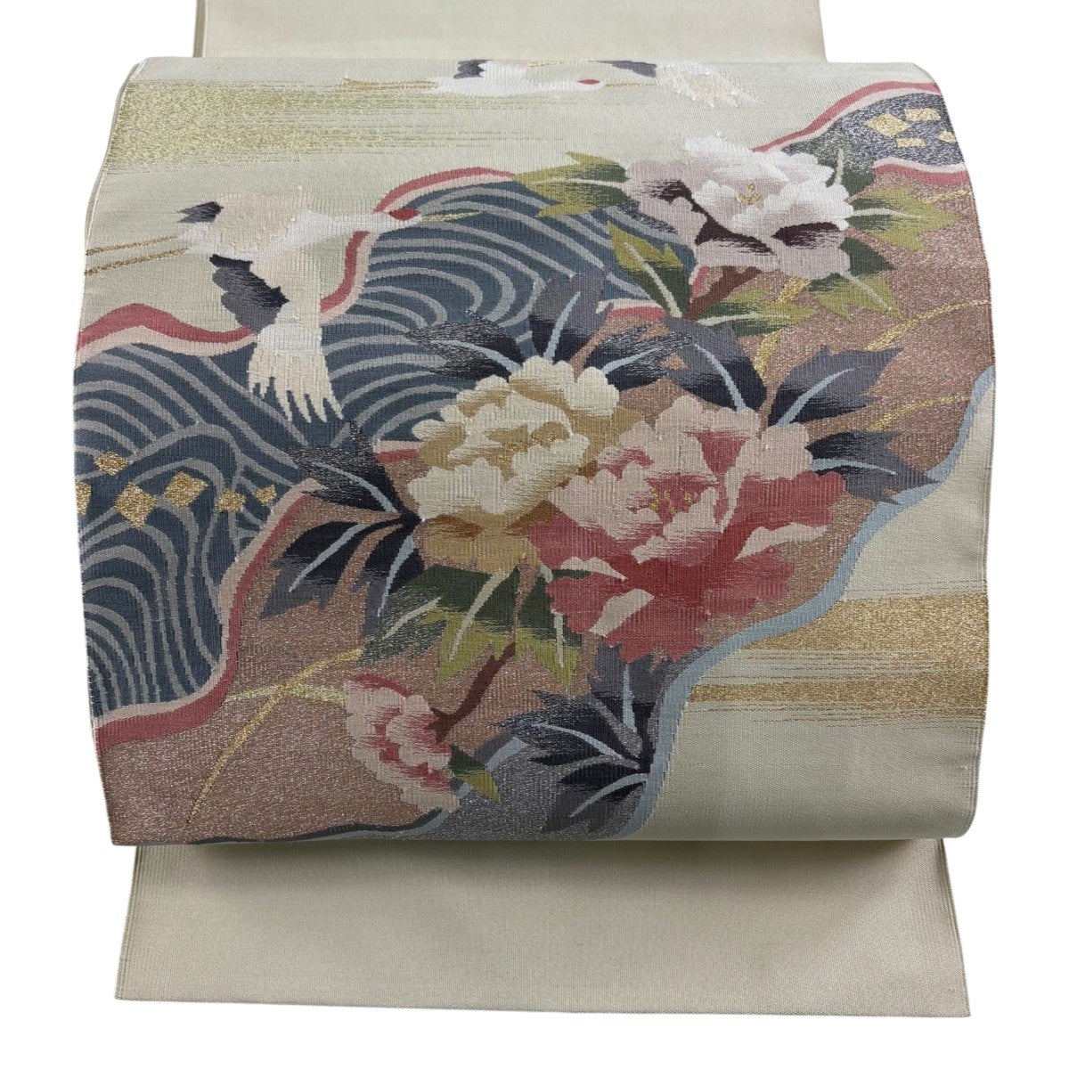 名古屋帯 秀品 松葉仕立て 八寸名古屋帯 草花 鶴 金銀糸 ベージュ 正絹