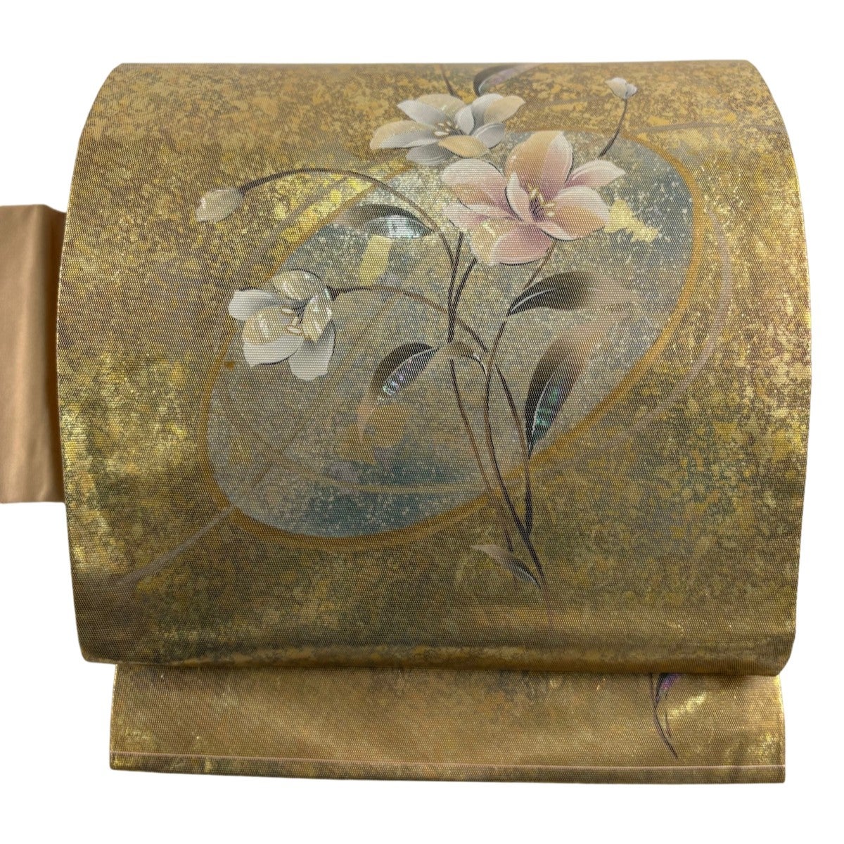 名古屋帯 秀品 関西仕立て 草花 幾何学模様 箔 螺鈿箔 金色 正絹｜中古