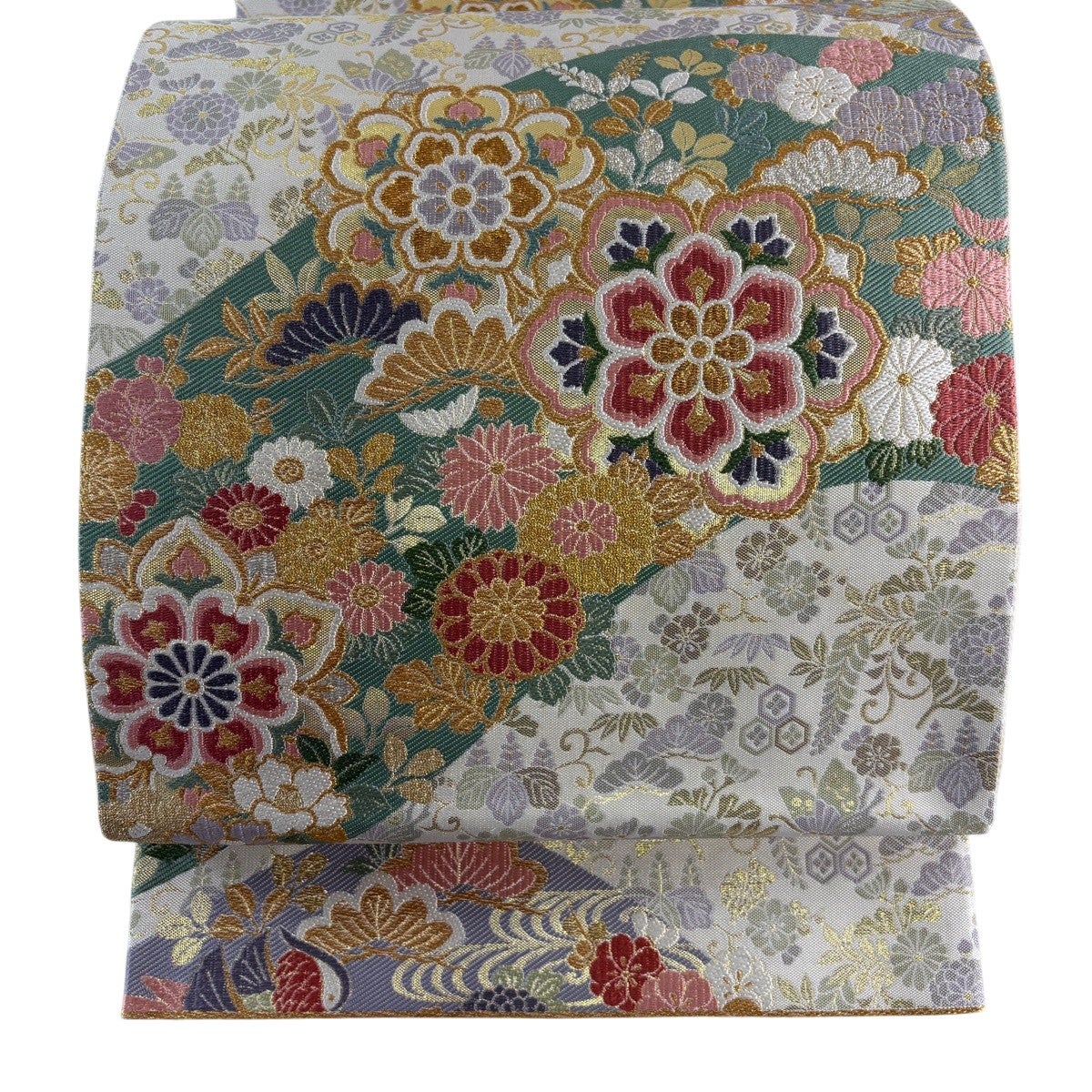 美品】 袋帯 秀品 山 華文 箔 金糸 クリーム 六通 正絹｜中古・古着