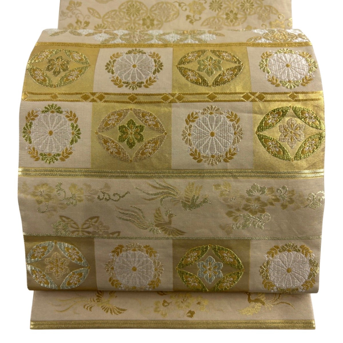 美品】 袋帯 秀品 華文 花鳥 箔 金銀糸 ベージュ 六通 正絹｜中古
