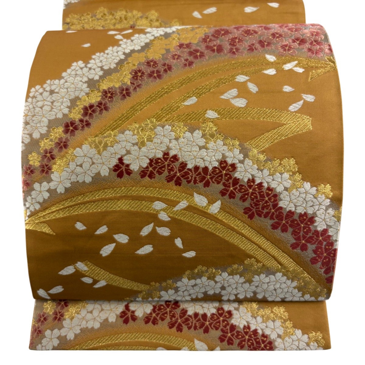美品】 袋帯 秀品 桜 花びら 箔 唐織 山吹茶色 六通 正絹｜中古・古着
