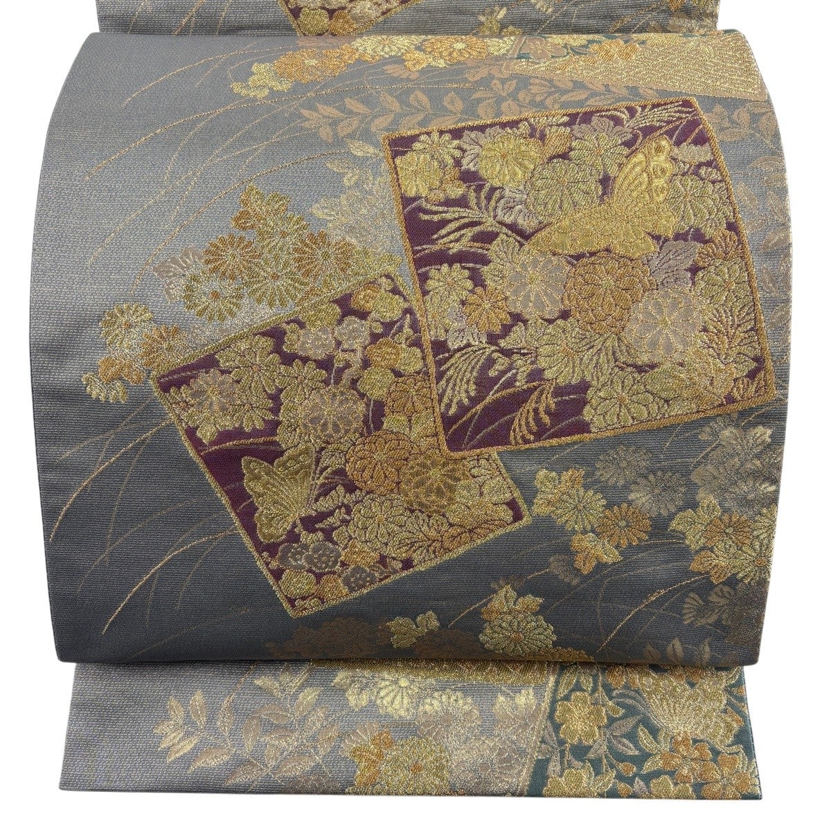 ◇606my50◇夏帯 紗 立涌 花色紙 金糸 袋帯◇美品 美品】 袋帯 秀品 本金箔蒔絵 色紙 草花 金糸 箔 灰色 六通 正絹｜中古