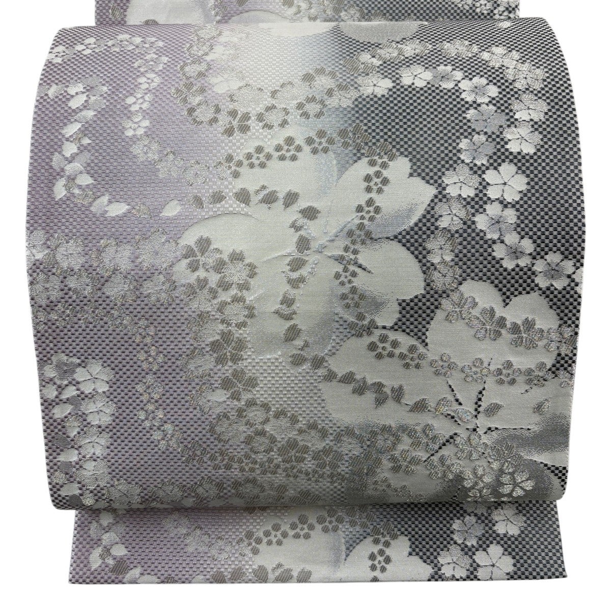 美品】 袋帯 秀品 桜 市松 銀糸 箔 灰色 六通 正絹｜中古・古着