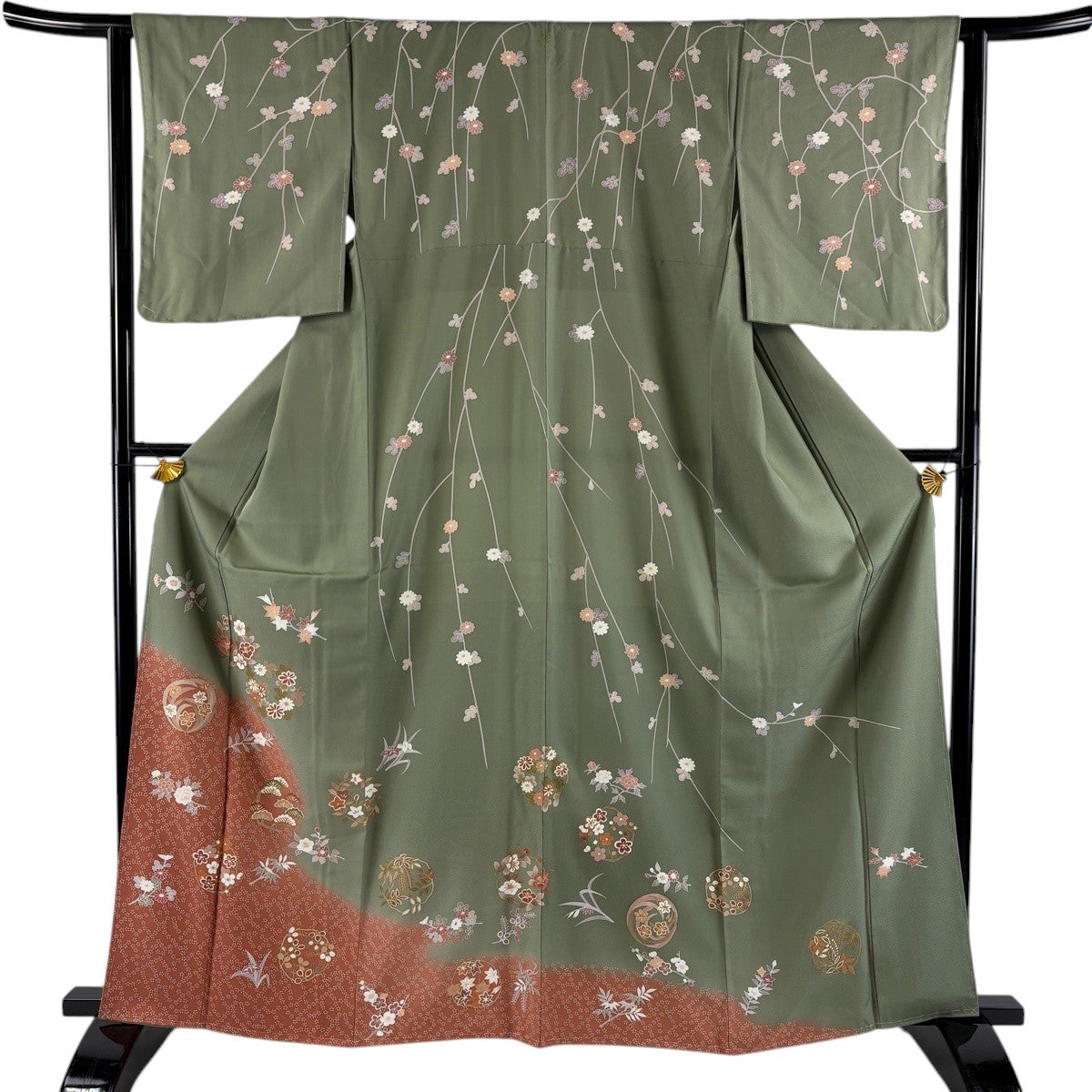訪問着 身丈164cm 裄丈62.5cm S 袷 花丸文 草花 金彩 染め分け 灰緑