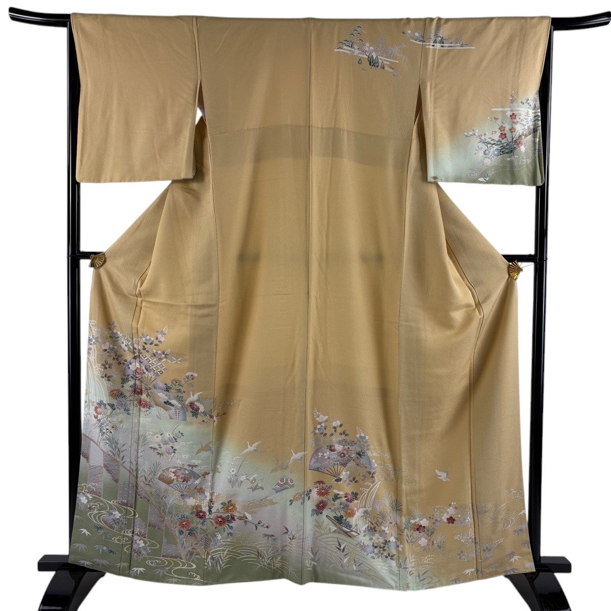 訪問着 身丈162cm 裄丈64.5cm M 袷 扇 滝 金銀彩 ぼかし ベージュ 正絹