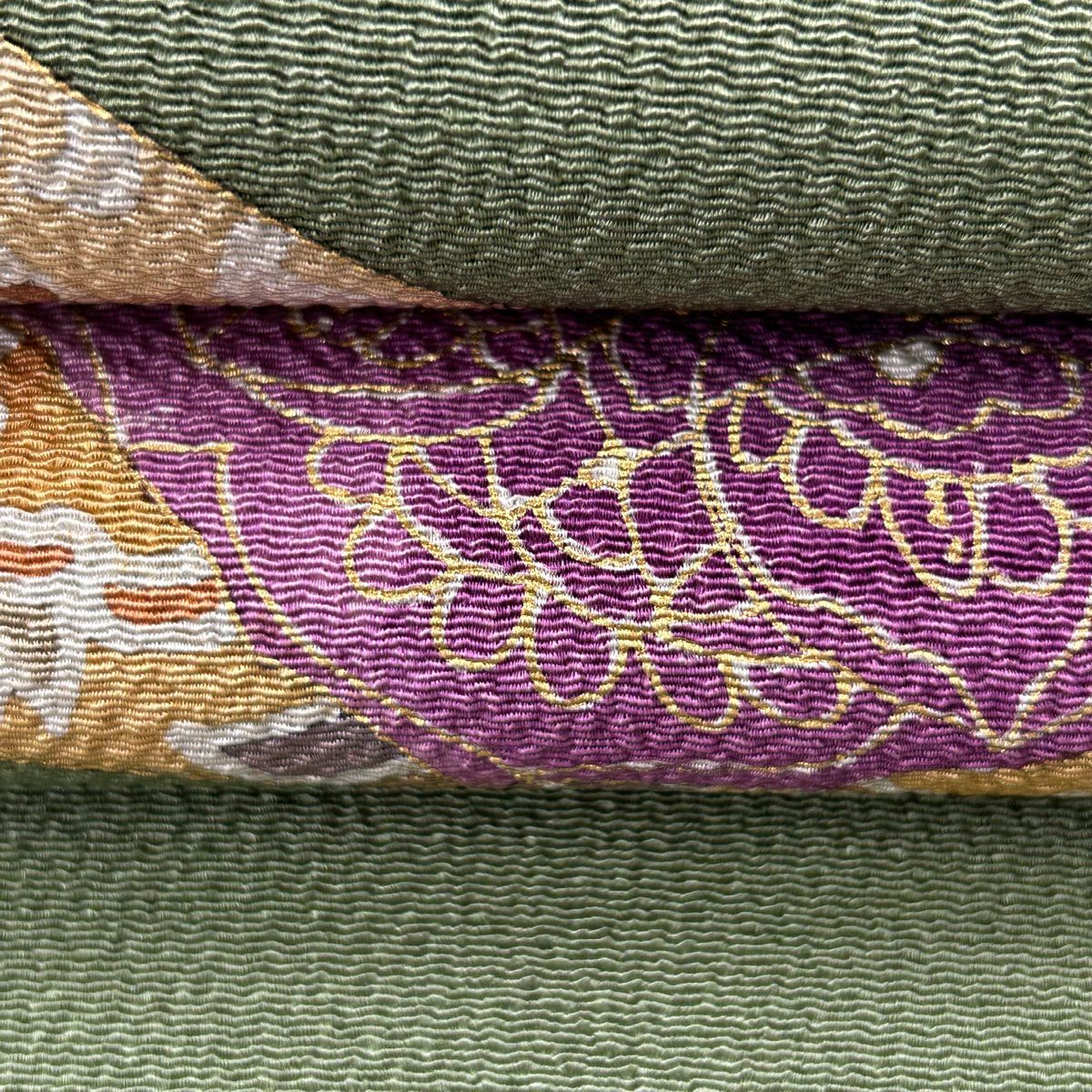 開き名古屋帯 逸品 貝紫 落款あり 諏訪好風 華文 鳥 金彩 縮緬