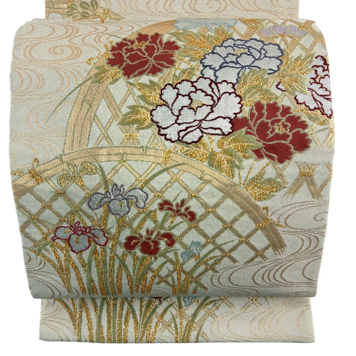 70%OFF 袋帯 秀品 草花 間垣 金糸 箔 ベージュ 六通 正絹 K70｜中古