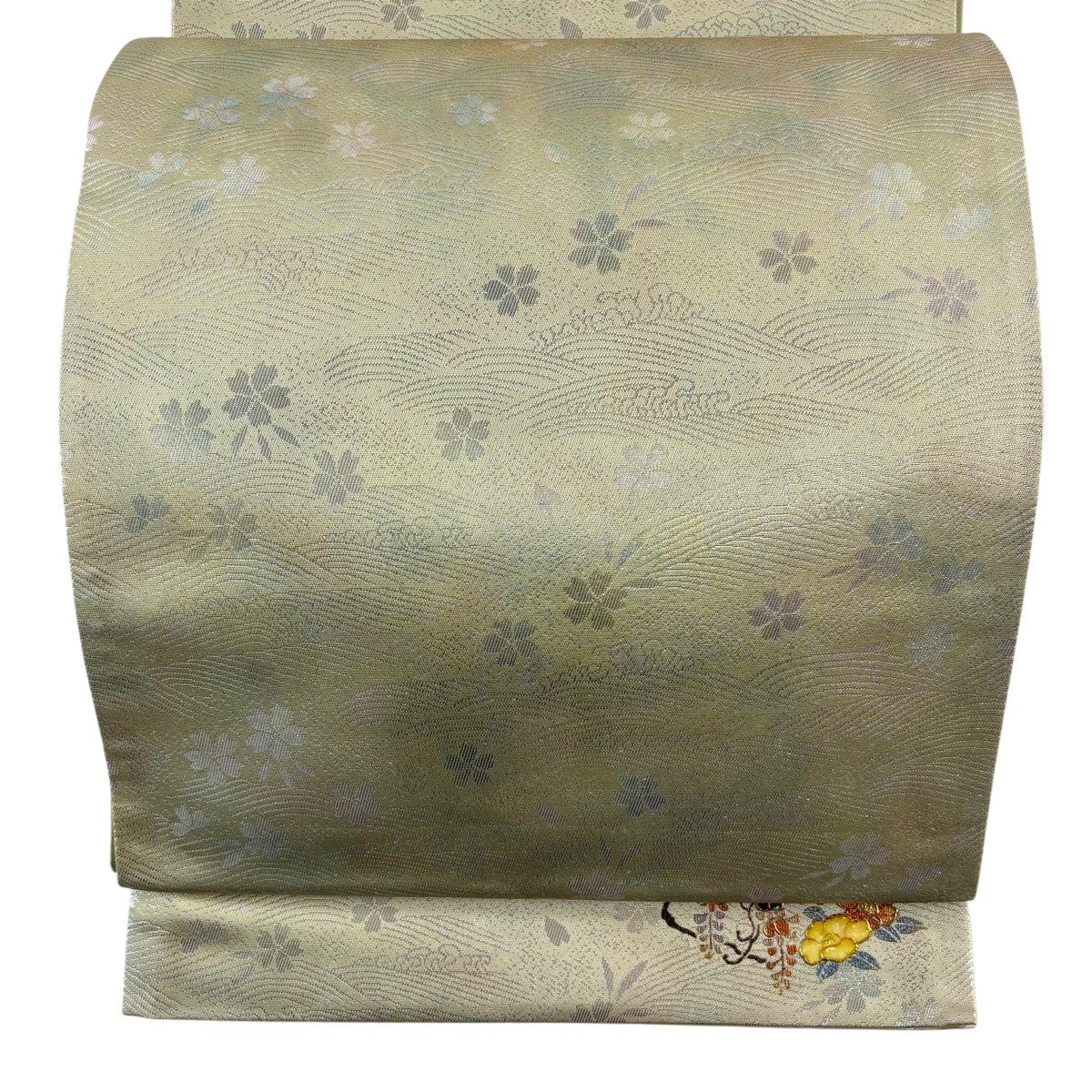 美品】 袋帯 秀品 桜 霞 箔 唐織 緑 六通 正絹｜中古・古着