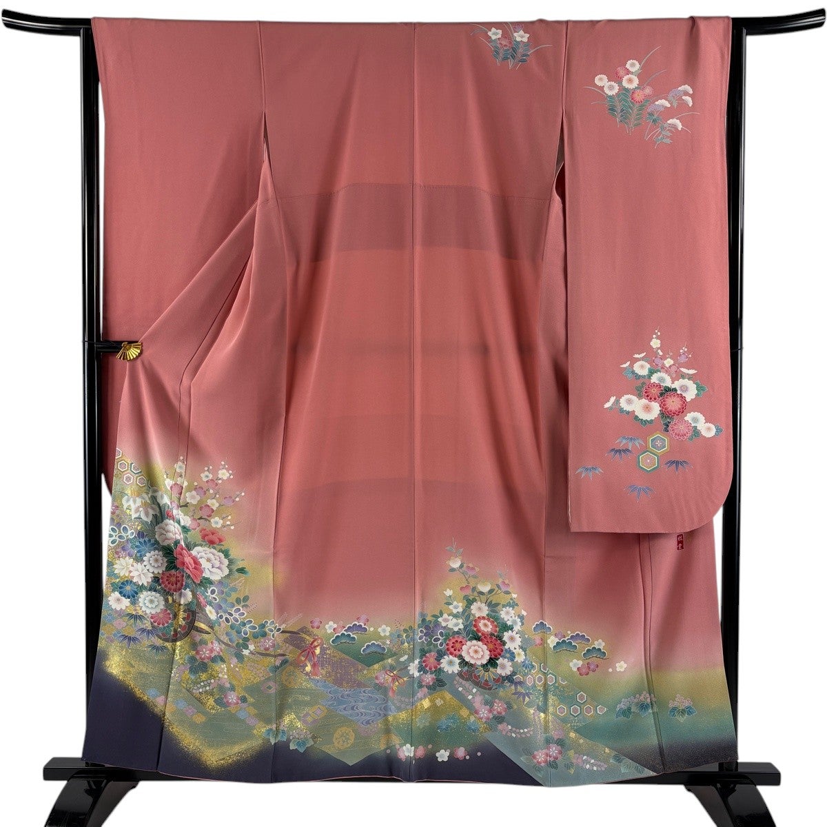 美品】 振袖 身丈159cm 裄丈64.5cm M 袷 落款あり 花車 霞 金彩
