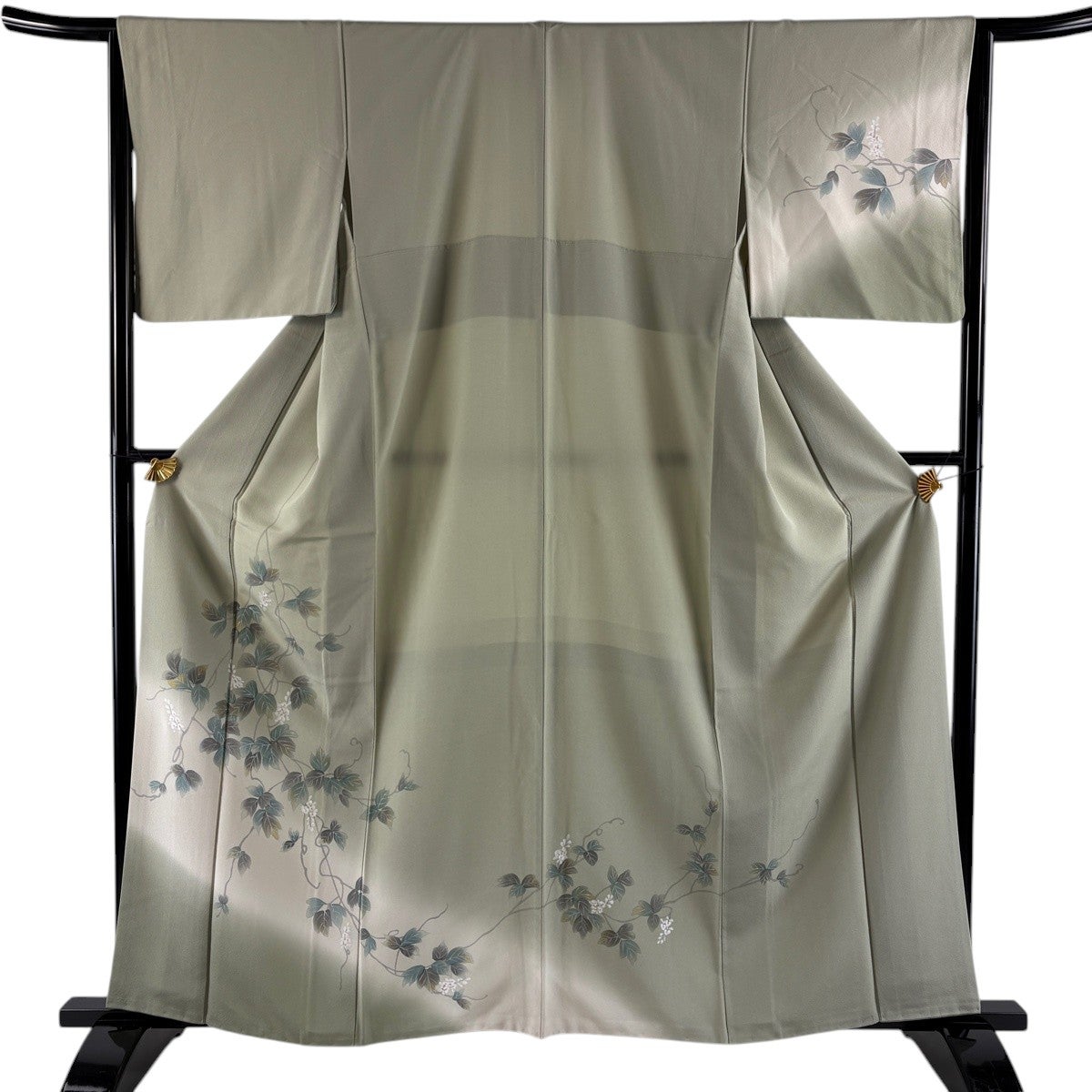 美品】 訪問着 身丈160.5cm 裄丈64cm M 袷 枝花 ぼかし 金彩 灰緑 正絹
