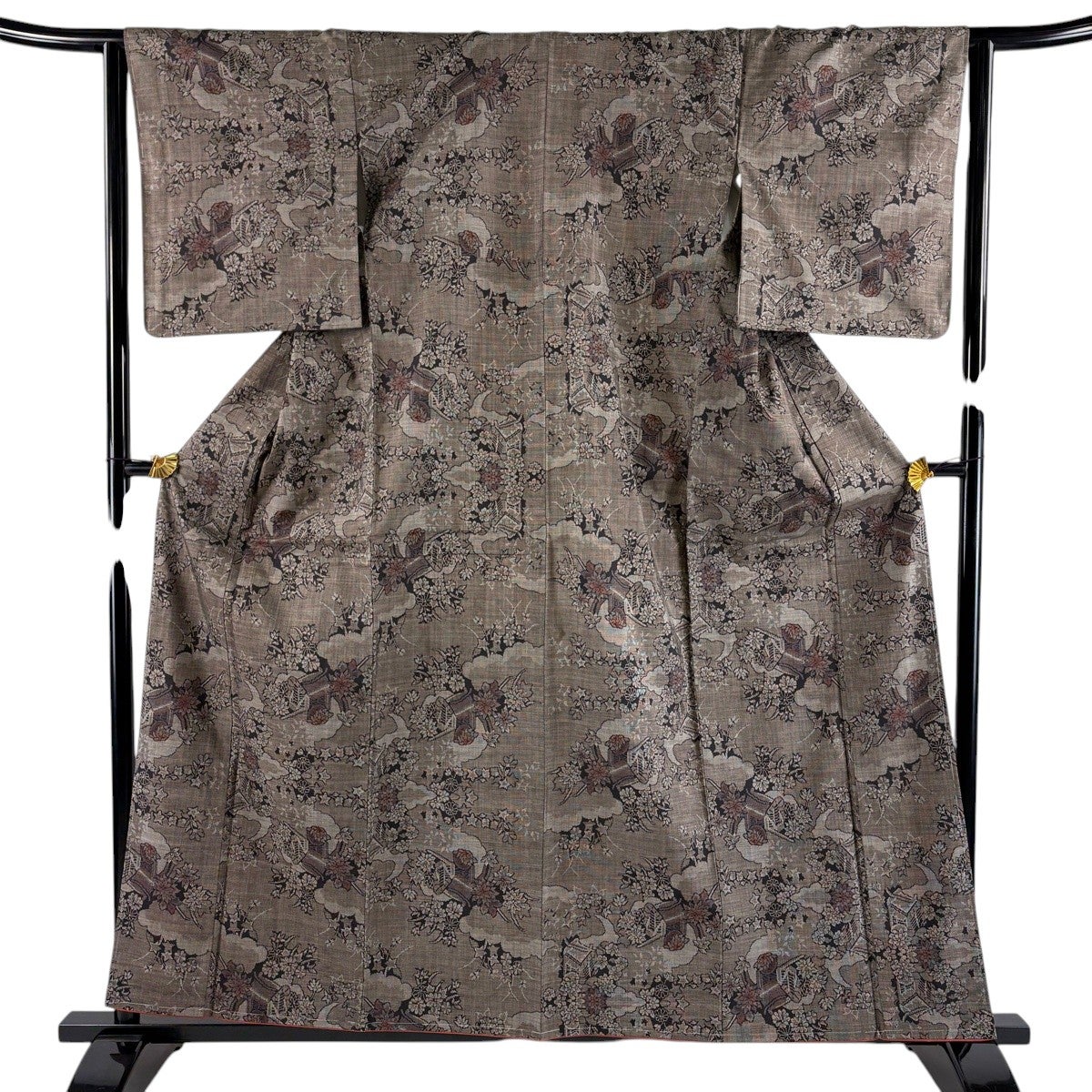 美品】 紬 身丈162cm 裄丈64.5cm M 袷 菖蒲 流水 焦茶色 正絹 秀品