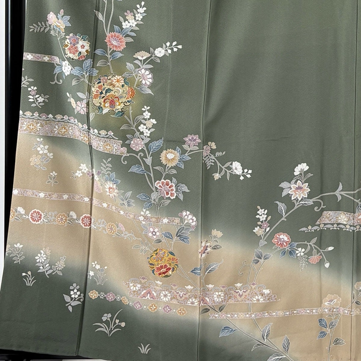 訪問着 身丈161cm 裄丈64cm M 袷 花丸文 草花 金糸 金彩 灰緑 正絹 秀