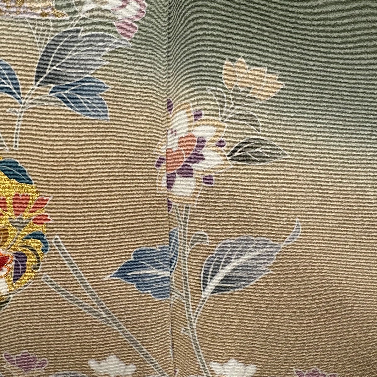 訪問着 身丈161cm 裄丈64cm M 袷 花丸文 草花 金糸 金彩 灰緑 正絹 秀