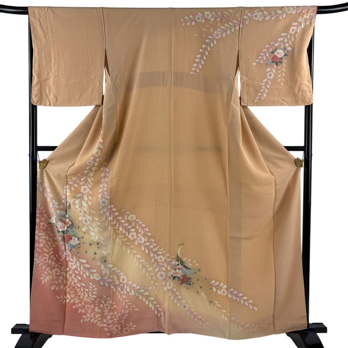訪問着 身丈161cm 裄丈65cm 袷 草花 雪芝 絞り 金彩 薄緑 正絹 訪問着 身丈161cm 裄丈67.5cm L 袷 孔雀 枝花 金彩 絞り 薄オレンジ