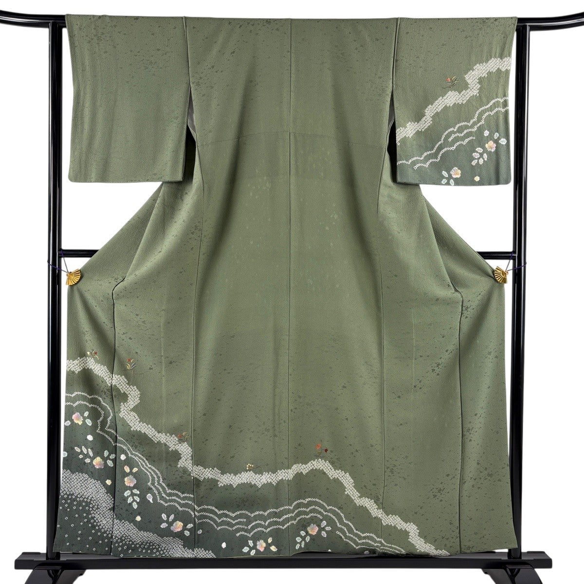付下げ 身丈152.5cm 裄丈62cm S 袷 御所車 雲文 刺繍 箔 灰緑 正絹 秀