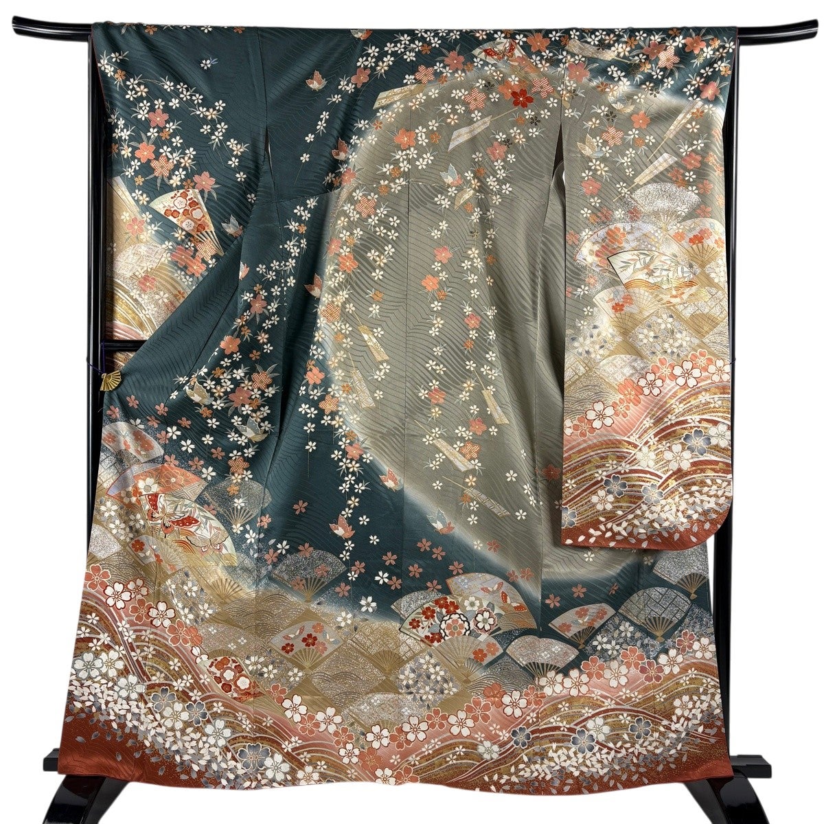 振袖 身丈163cm 裄丈67cm M 袷 扇 桜 金銀彩 ぼかし 深緑 正絹 秀品
