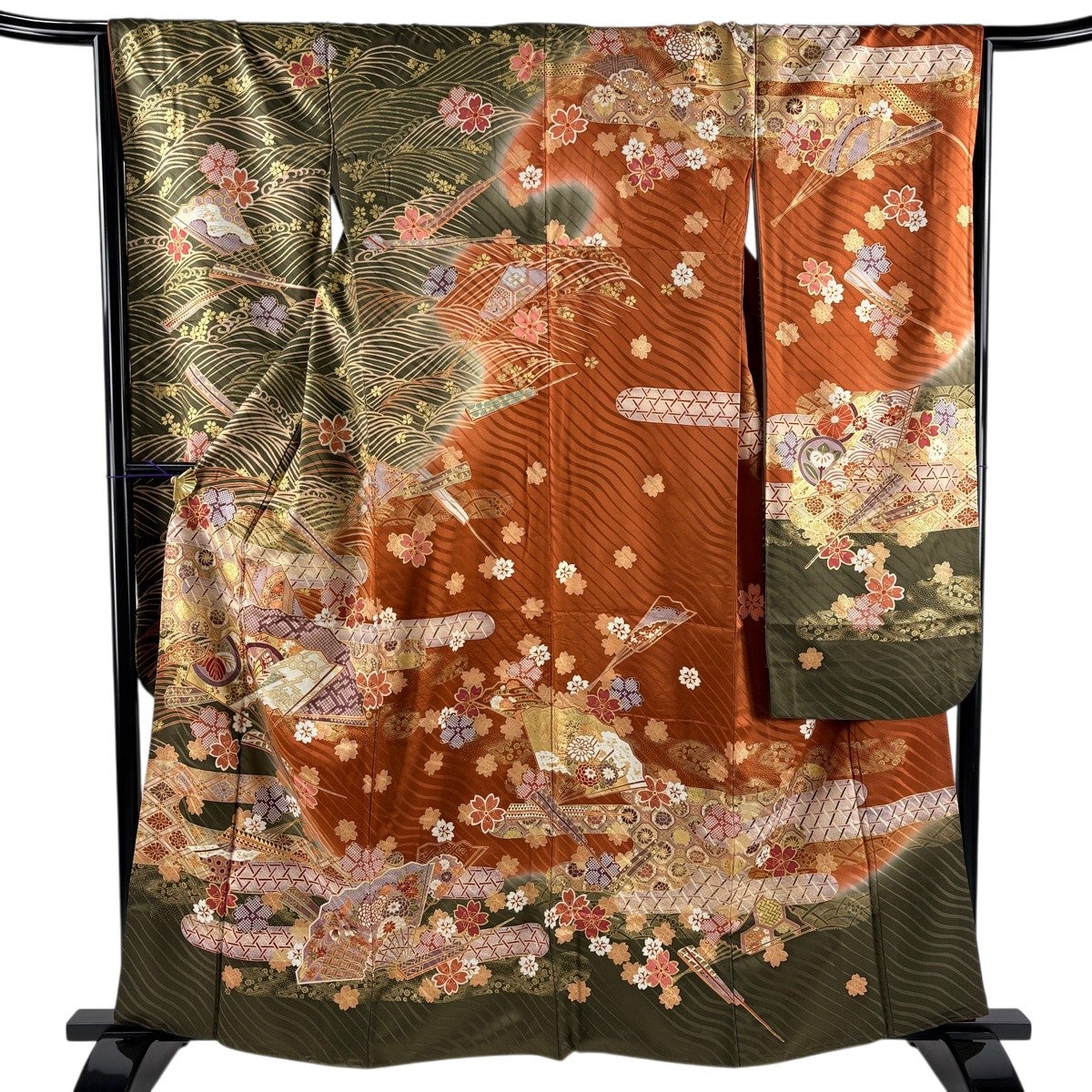 振袖 身丈161cm 裄丈67cm M 袷 扇 桜 金彩 茶緑色 正絹 秀品｜中古
