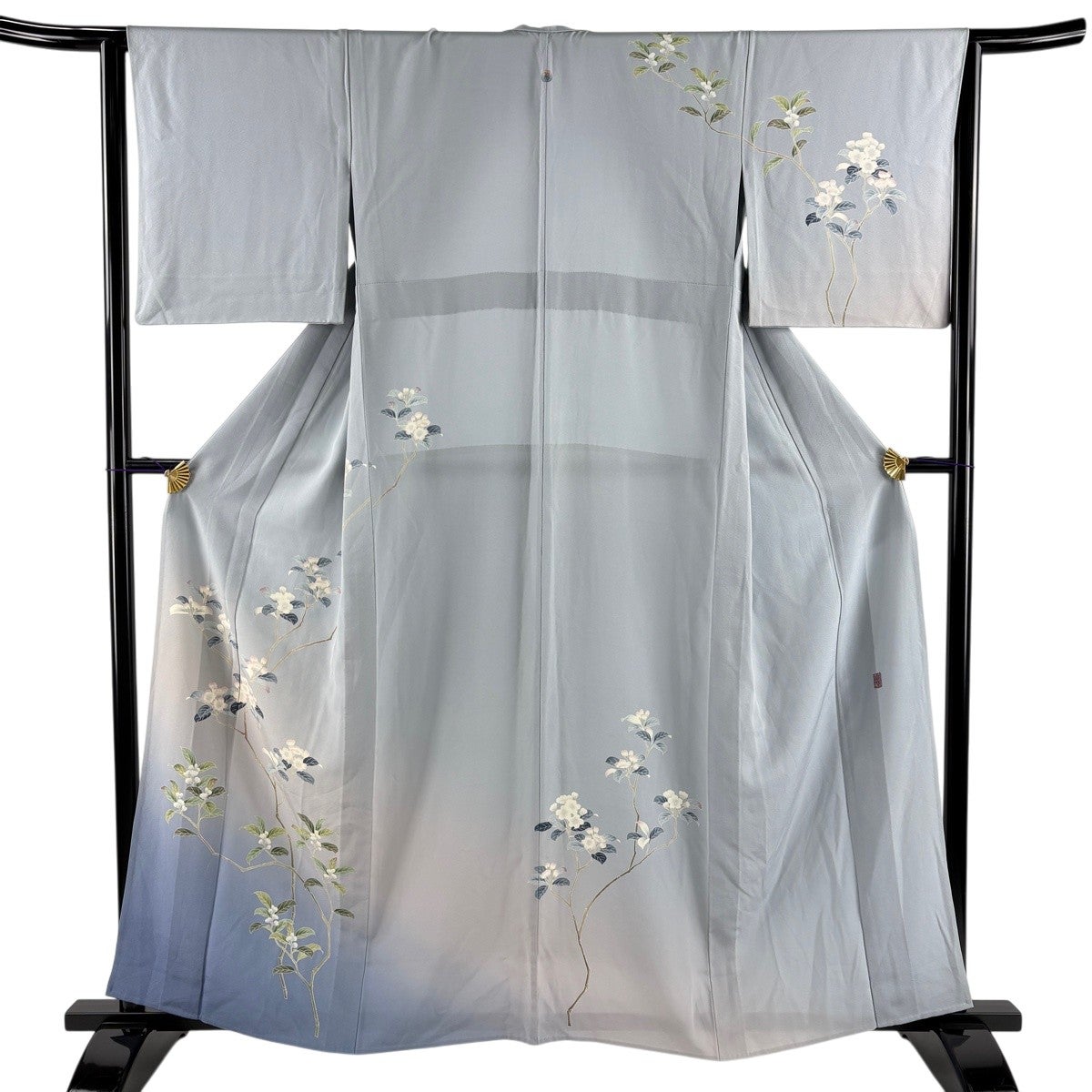 訪問着 身丈160.5cm 裄丈64cm M 単衣 落款あり 桜 蕾 ぼかし 青灰色