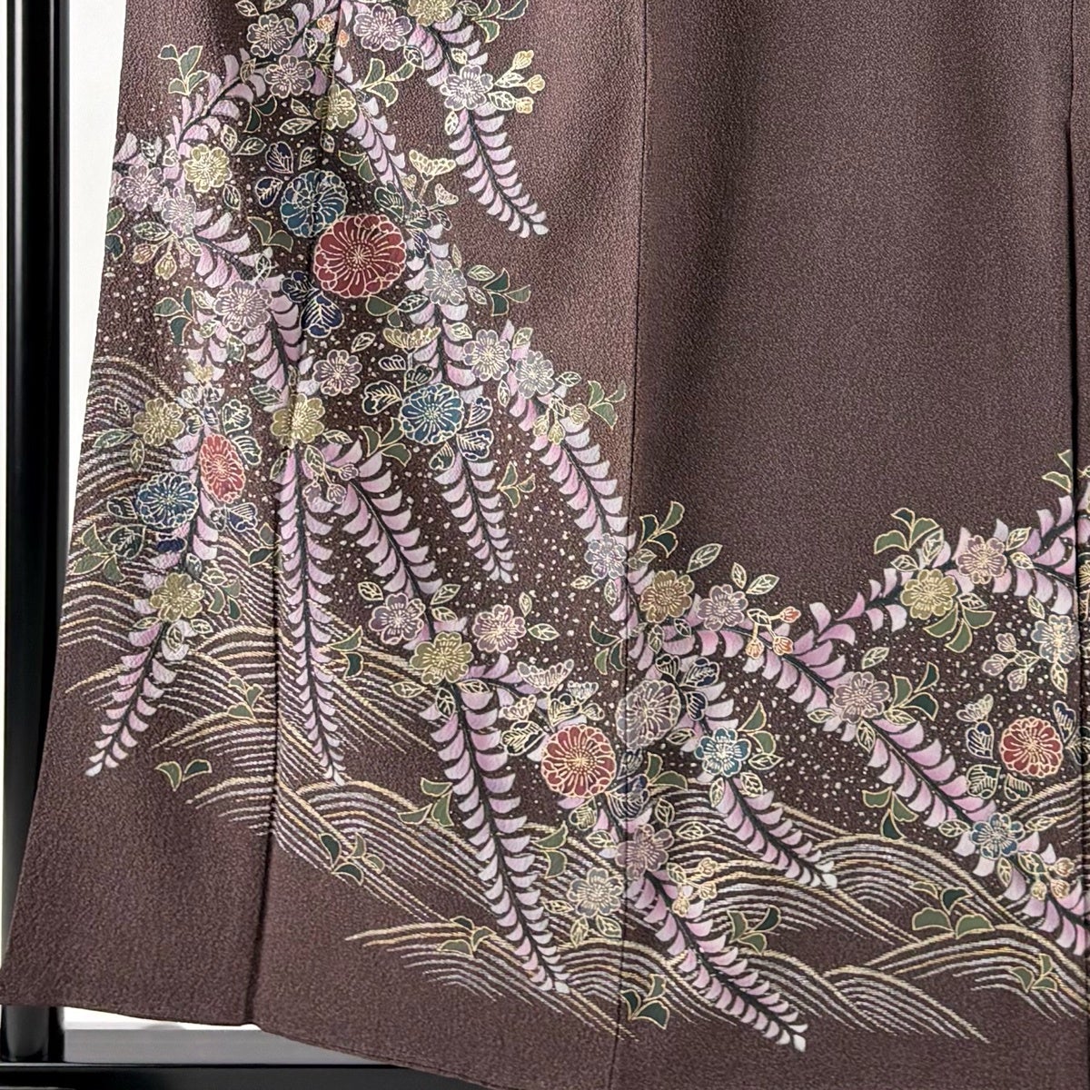訪問着 身丈155.5cm 裄丈65.5cm M 袷 草花 波 金銀彩 茶紫 正絹 秀品
