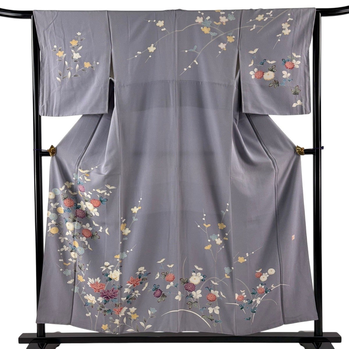 訪問着 身丈154.5cm 裄丈65.5cm M 袷 落款あり 菊 枝梅 灰紫 正絹 秀品