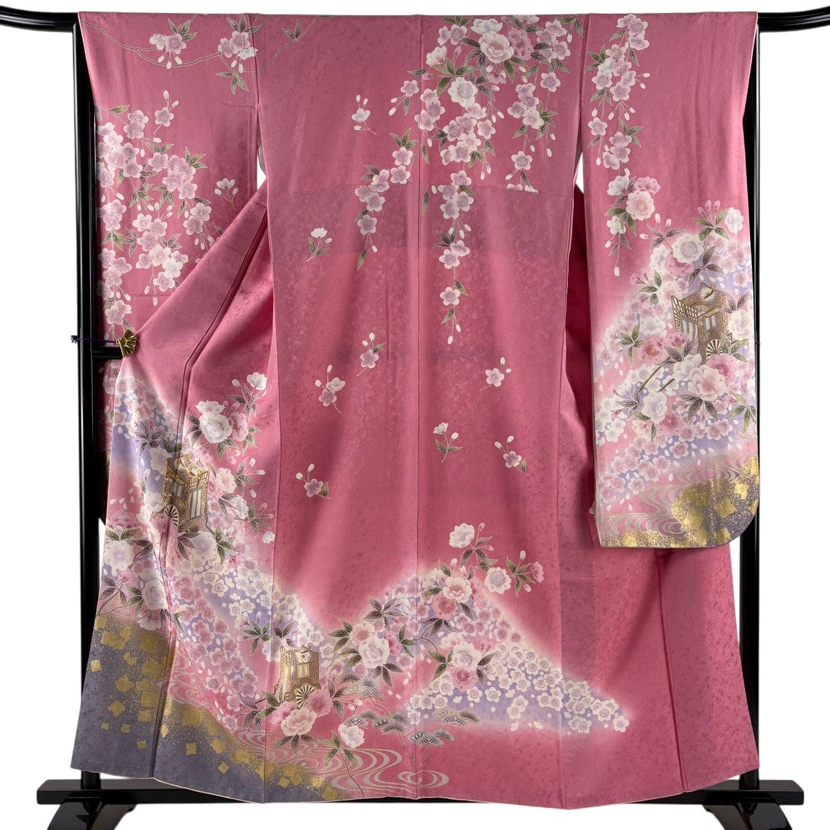 振袖 身丈158cm 裄丈66cm M 袷 御所車 桜 金糸 金彩 ピンク 正絹 秀品