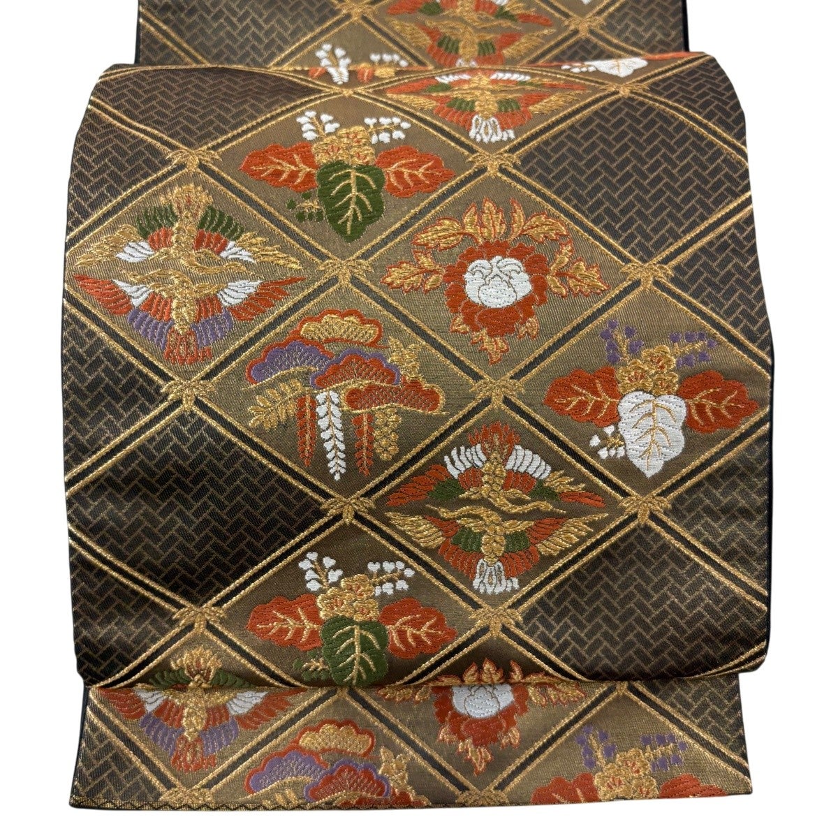 美品】 袋帯 秀品 鶴 草花 金糸 箔 金色 六通 正絹｜中古・古着 