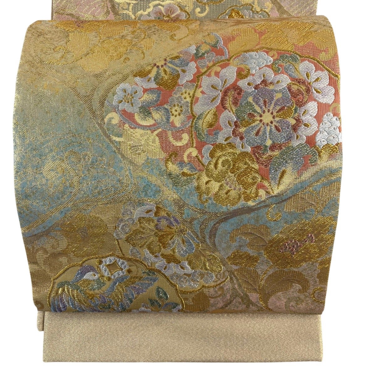 袋帯 秀品 花車 ヱ霞 金糸 刺繍 ベージュ お太鼓柄 正絹 【中古】 袋帯 