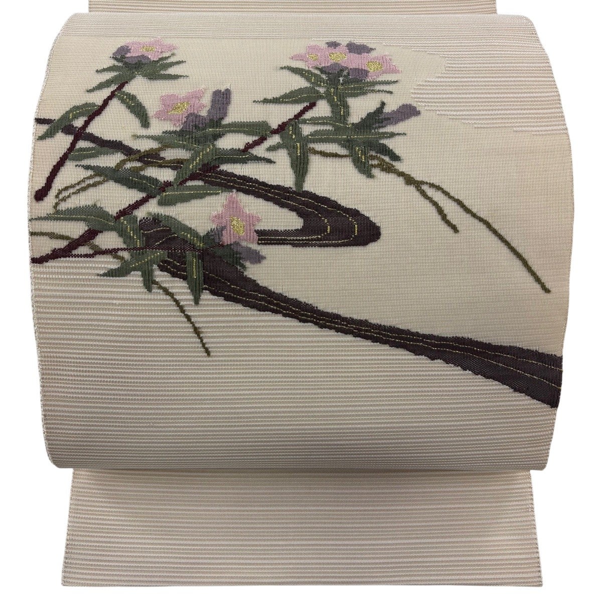 袋帯 秀品 夏帯 絽 草花 流水 金銀糸 灰色 お太鼓柄 正絹｜中古・古着