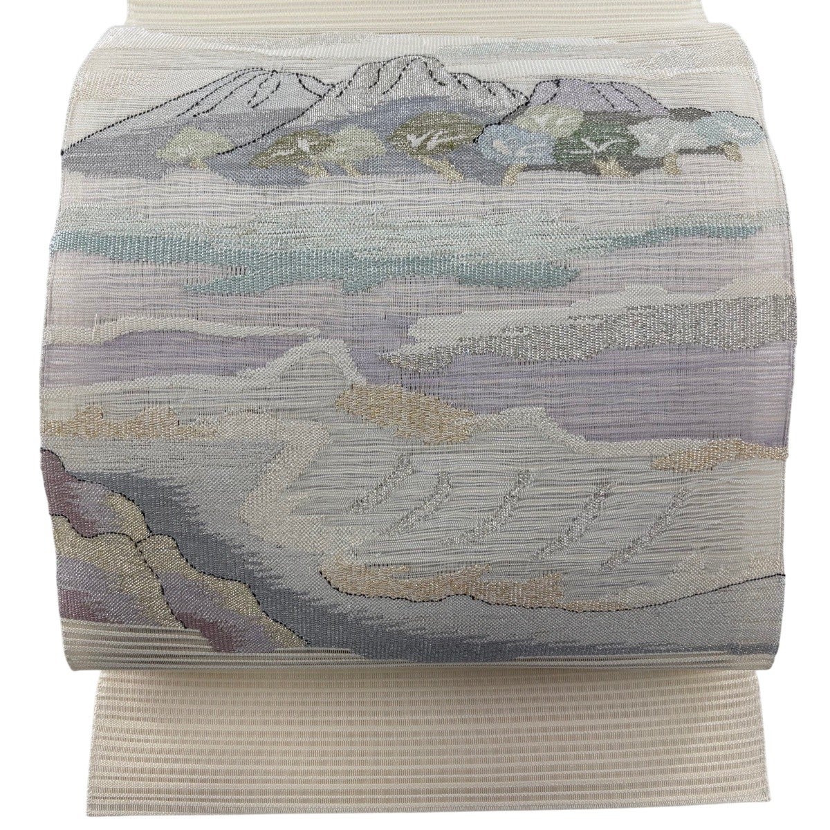 美品】 名古屋帯 秀品 夏帯 絽 八寸名古屋帯 松葉仕立て 草花 流水 金