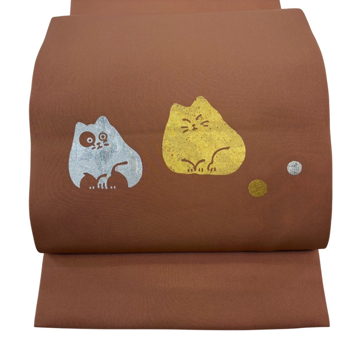 名古屋帯 名品 八寸名古屋帯 猫 金銀彩 オレンジ 正絹｜中古・古着