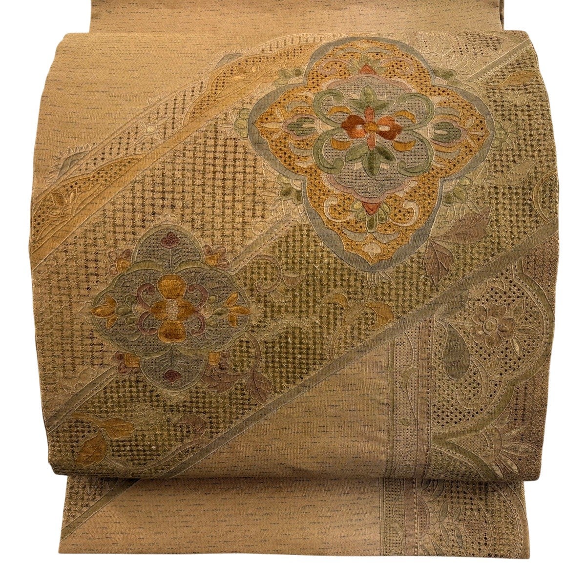 袋帯 名品 華文 花唐草 刺繍 金糸 茶色 お太鼓柄 正絹｜中古・古着