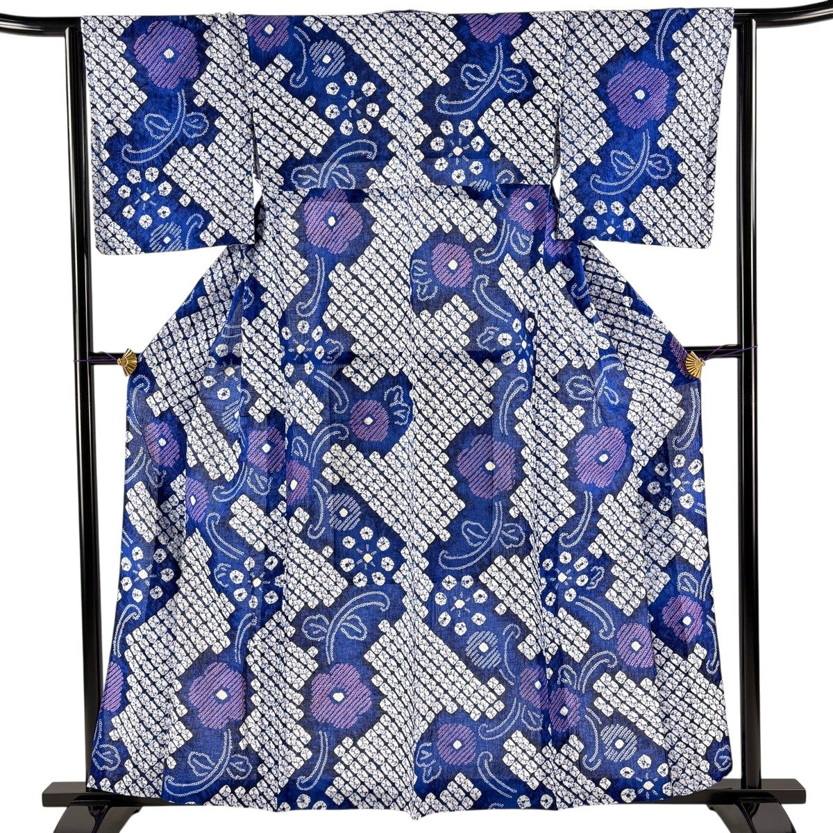 浴衣 身丈158cm 裄丈64cm M 絞り浴衣 草花 青 綿 名品｜中古・古着