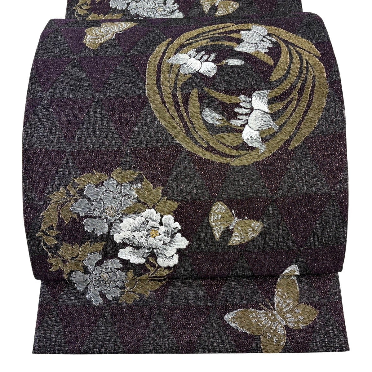 美品】 袋帯 名品 やまと 花丸文 蝶 金銀糸 箔 濃紫 六通 正絹｜中古