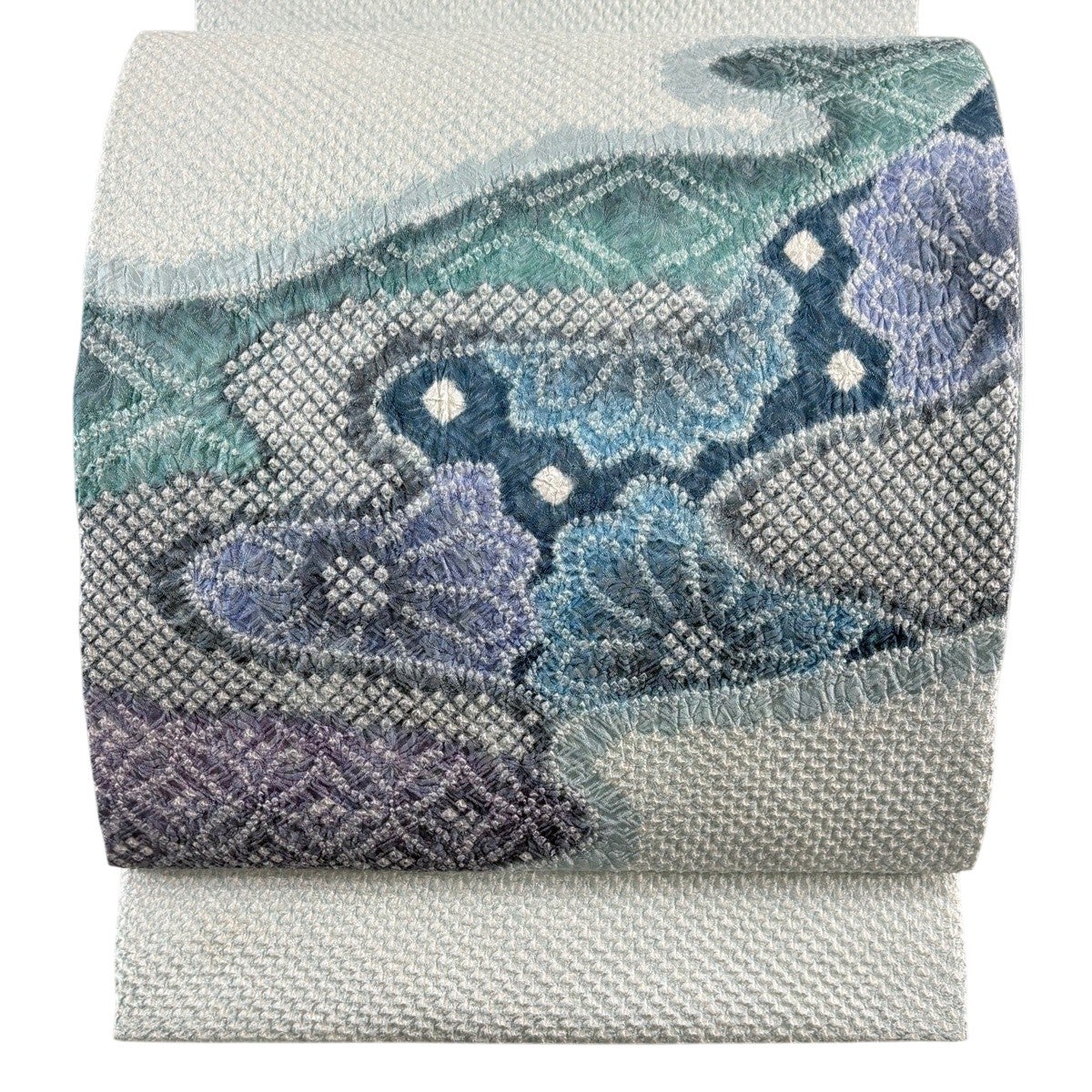 開き名古屋帯 逸品 草花 七宝 水色 正絹｜中古・古着・リサイクル着物