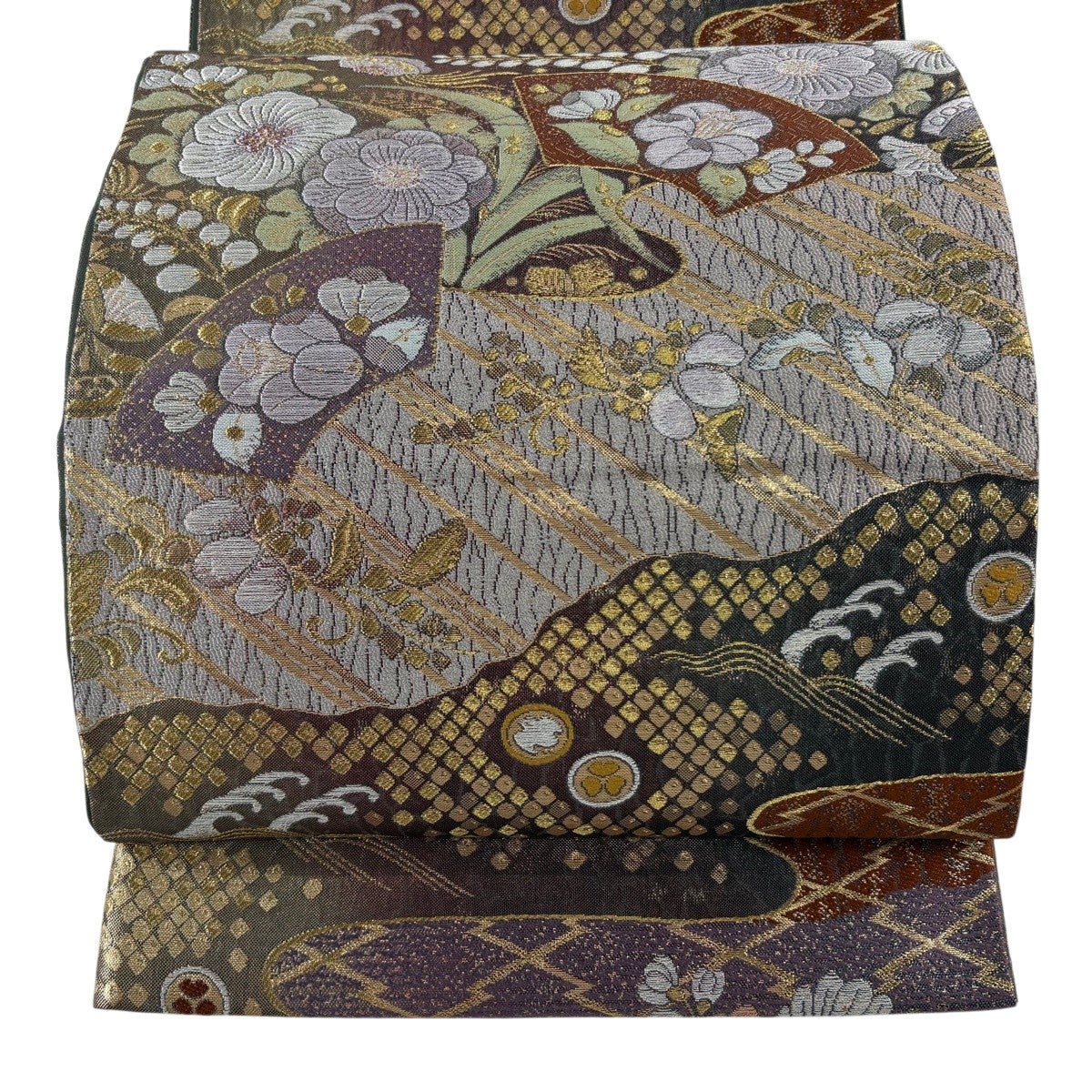 袋帯 本金引箔袋 虎 笹 銀糸 正絹 お太鼓柄 HOT138 美品】 袋帯 名品 やまと うさぎ 草花 金銀糸 箔 灰紫 お太鼓柄 正絹