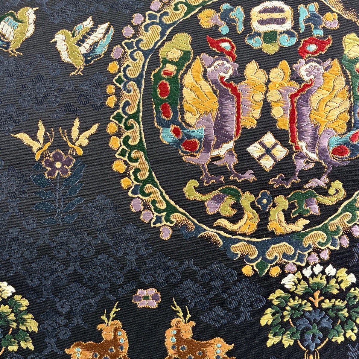 ✨上品な刺繍・ビーズ装飾 袋帯 正絹 六通柄✨ 袋帯 名品 向かい鳥 刺繍 箔 濃紺 六通 正絹｜中古・古着・リサイクル