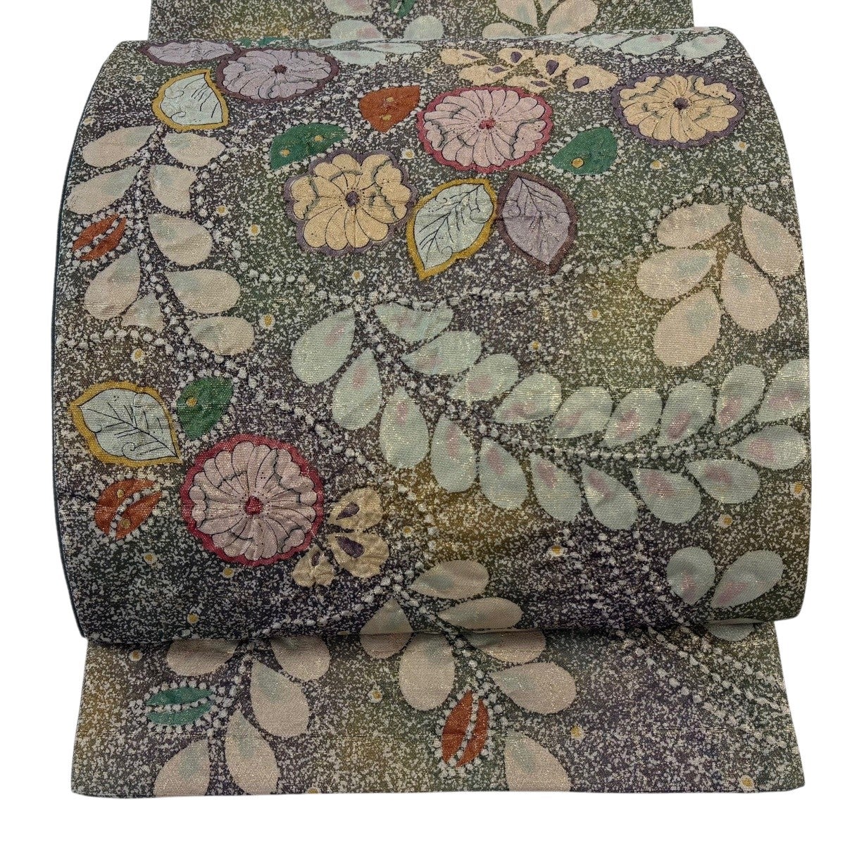 袋帯 名品 落款あり 草花 金糸 箔 鶯色 お太鼓柄 正絹｜中古・古着