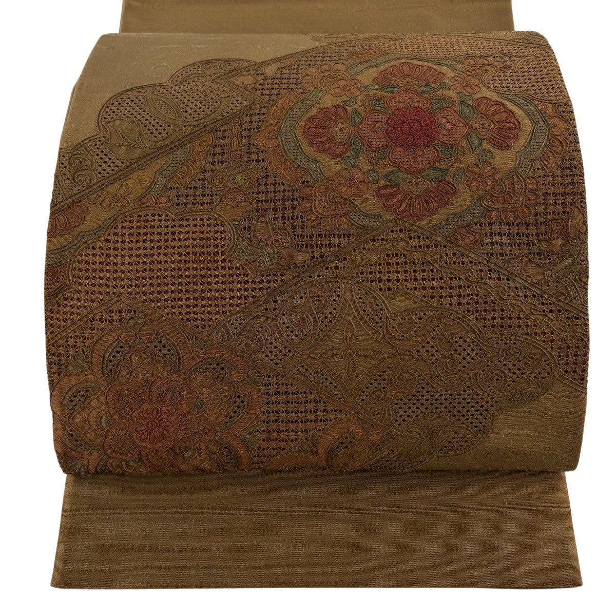 袋帯 秀品 紬地 草花 縞 金彩 灰色 お太鼓柄 正絹｜中古・古着