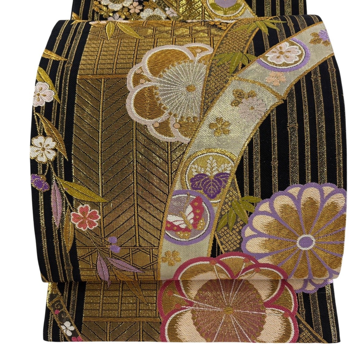 美品】 袋帯 秀品 波鴛鴦文様 桜 唐織 箔 金色 六通 正絹｜中古・古着 