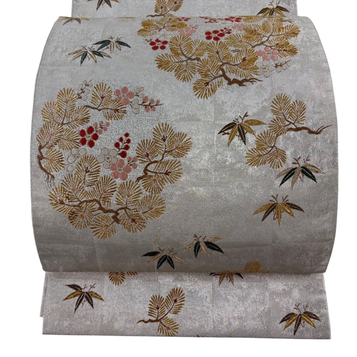 美品】 袋帯 秀品 花唐草 鳳凰 刺繍 金糸 灰色 お太鼓柄 正絹｜中古