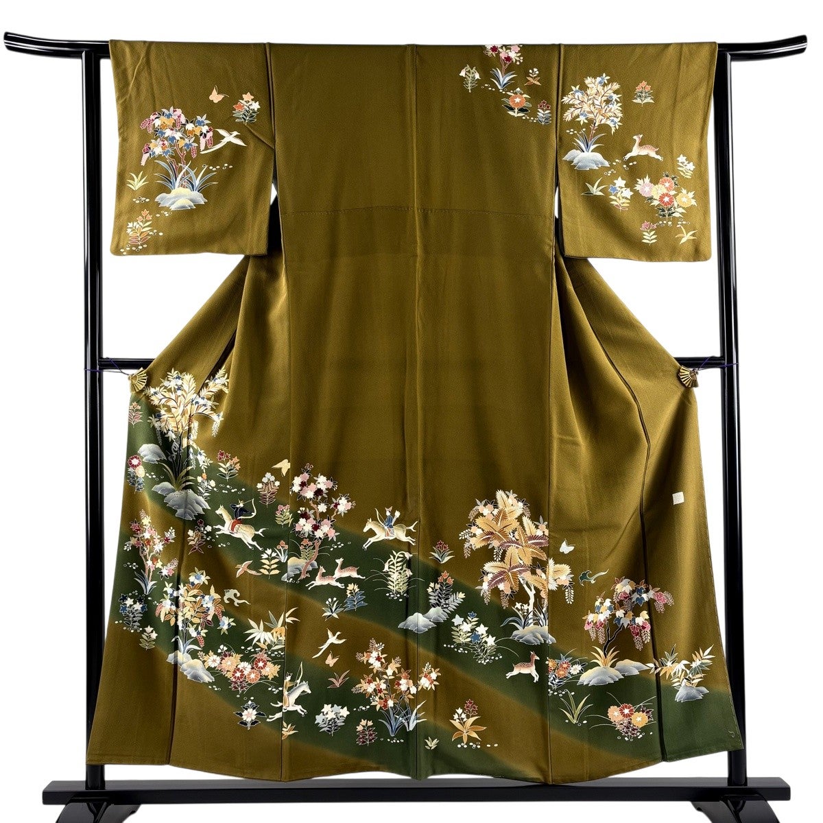 訪問着 身丈155cm 裄丈62.5cm S 袷 狩猟文 草花 金糸 刺繍 山吹茶色